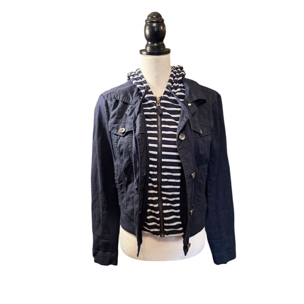 Splendid Women's Blue Denim Jacket Striped Hood. Size Small. - Picture 4 of 16